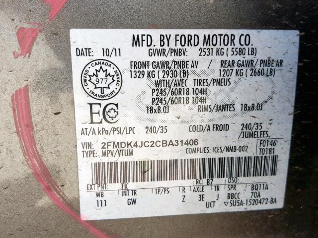 2FMDK4JC2CBA31406 - 2012 FORD EDGE SEL CHARCOAL photo 10