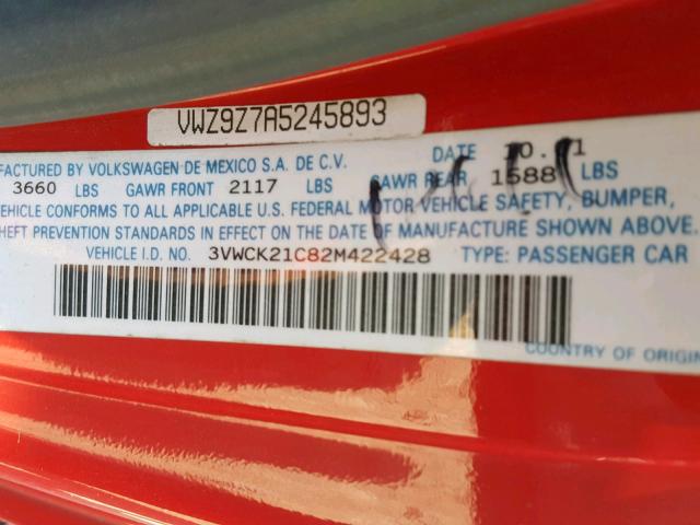 3VWCK21C82M422428 - 2002 VOLKSWAGEN NEW BEETLE წითელი ფოტო 10