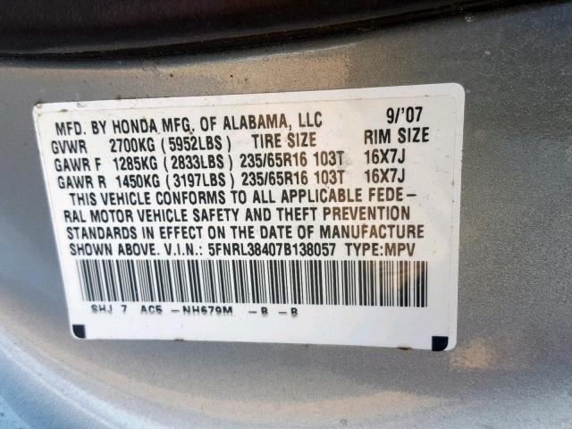 5FNRL38407B138057 - 2007 HONDA ODYSSEY EX  photo 10