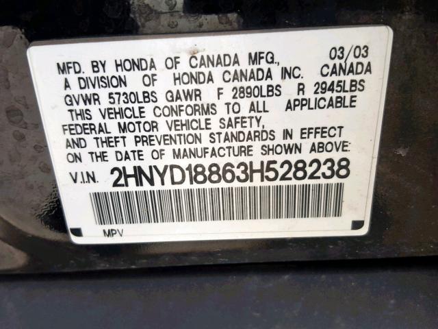 2HNYD18863H528238 - 2003 ACURA MDX TOURIN BLACK photo 10