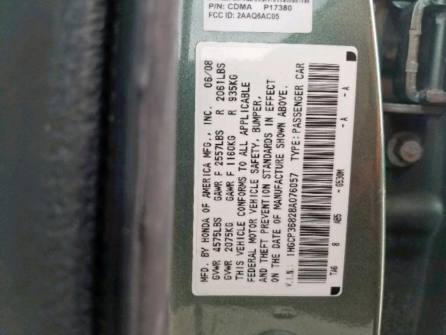 1HGCP36828A076057 - 2008 HONDA ACCORD EXL GREEN photo 10