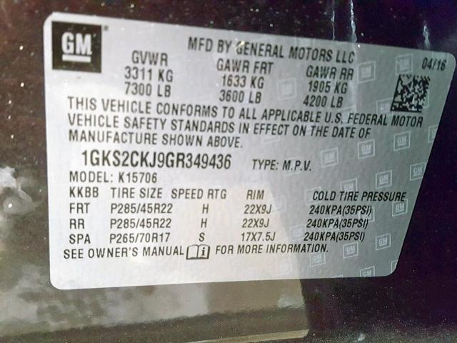 1GKS2CKJ9GR349436 - 2016 GMC YUKON DENA BLACK photo 10