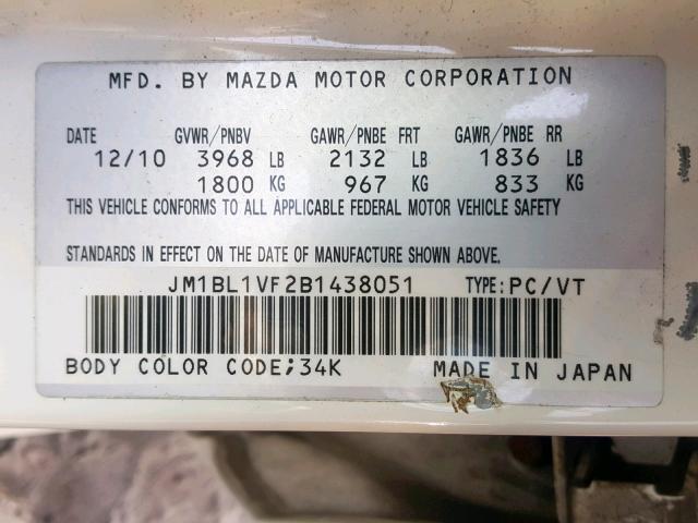 JM1BL1VF2B1438051 - 2011 MAZDA 3 I WHITE photo 10