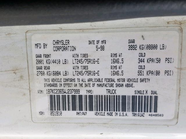 1B7KC2365WJ237999 - 1998 DODGE RAM 2500 WHITE photo 10