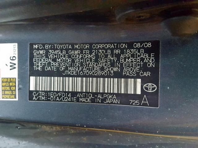 JTKDE167090289013 - 2009 TOYOTA SCION TC გრაფიტი ფოტო 10