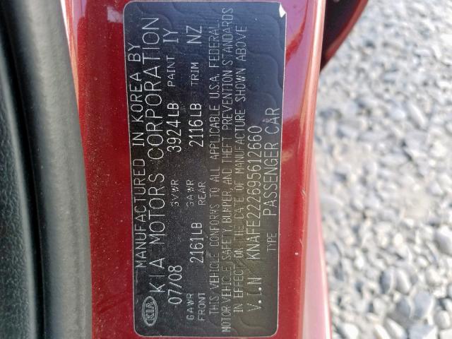 KNAFE222695612660 - 2009 KIA SPECTRA EX RED photo 10