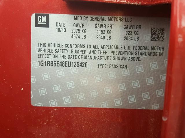 1G1RB6E48EU136420 - 2014 CHEVROLET VOLT RED photo 10