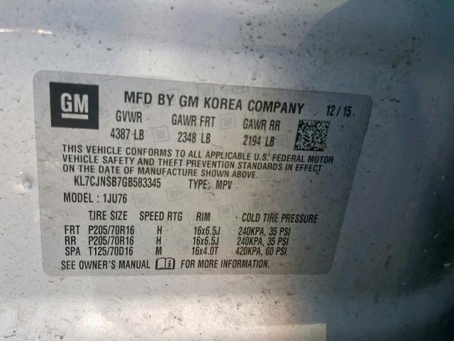 KL7CJNSB7GB583345 - 2016 CHEVROLET TRAX LS SILVER photo 10