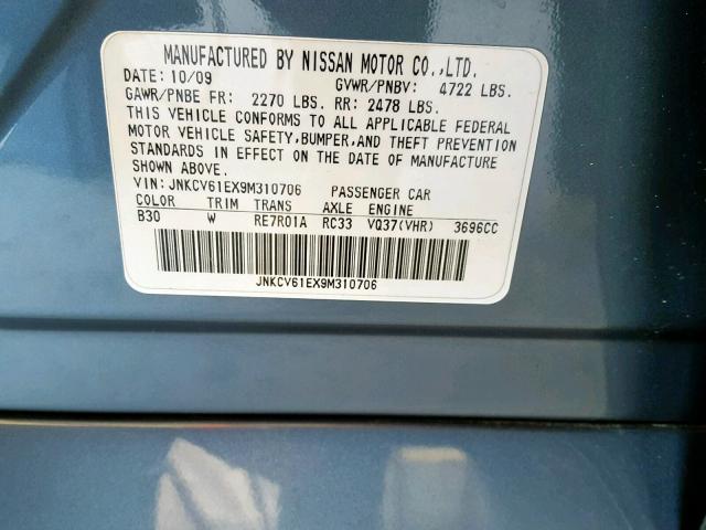 JNKCV61EX9M310706 - 2009 INFINITI G37 BASE BLUE photo 10