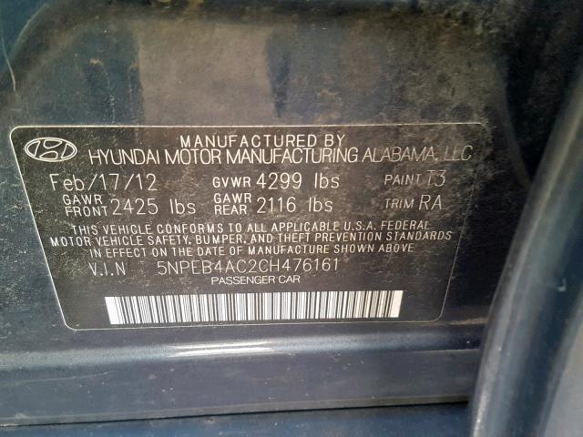 5NPEB4AC2CH476161 - 2012 HYUNDAI SONATA GLS BLUE photo 10