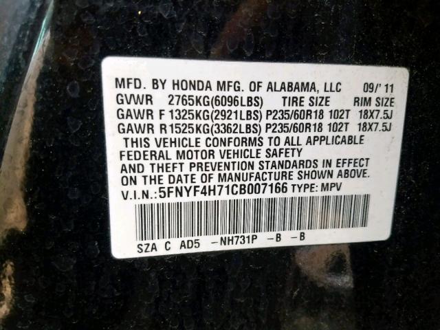 5FNYF4H71CB007166 - 2012 HONDA PILOT EXLN BLACK photo 10