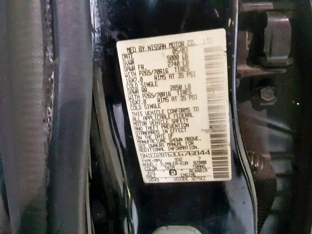 5N1ED28T63C676844 - 2003 NISSAN XTERRA XE BLACK photo 10