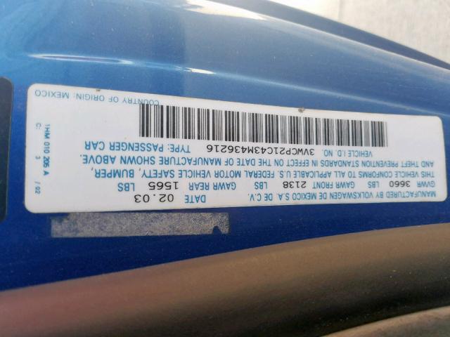 3VWCP21C43M436216 - 2003 VOLKSWAGEN NEW BEETLE ლურჯი ფოტო 10