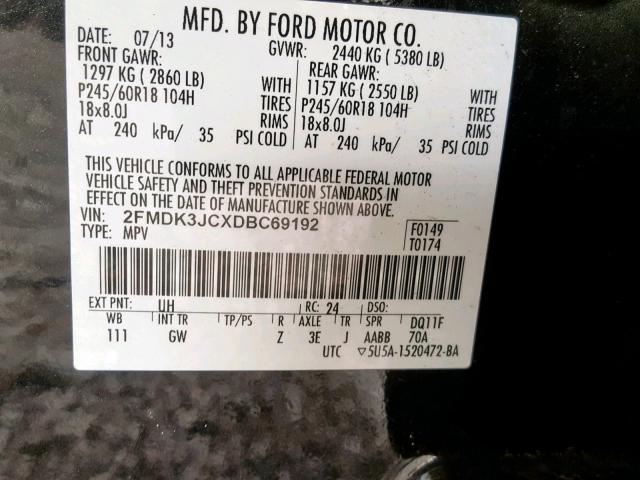 2FMDK3JCXDBC69192 - 2013 FORD EDGE SEL BLACK photo 10