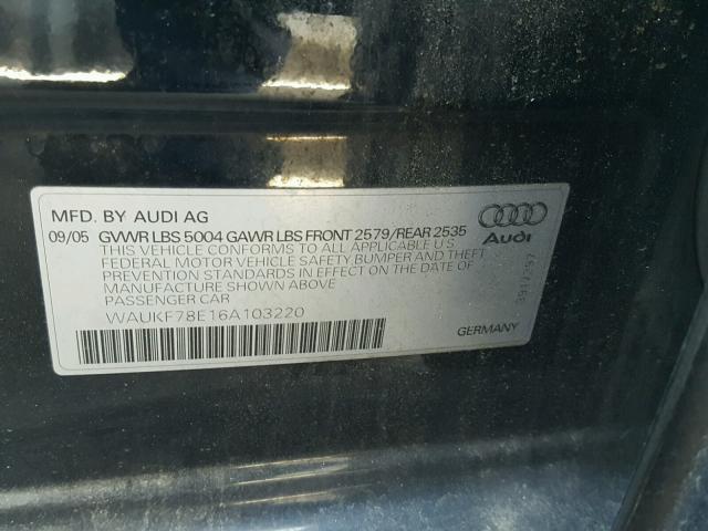 WAUKF78E16A103220 - 2006 AUDI A4 2.0T AV BLACK photo 10