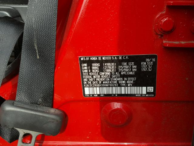 3CZRU6H39HM700292 - 2017 HONDA HR-V LX RED photo 10