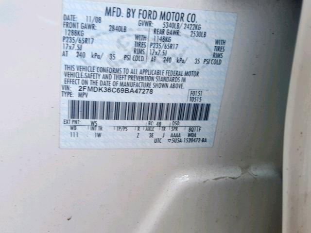 2FMDK36C69BA47278 - 2009 FORD EDGE SE WHITE photo 10