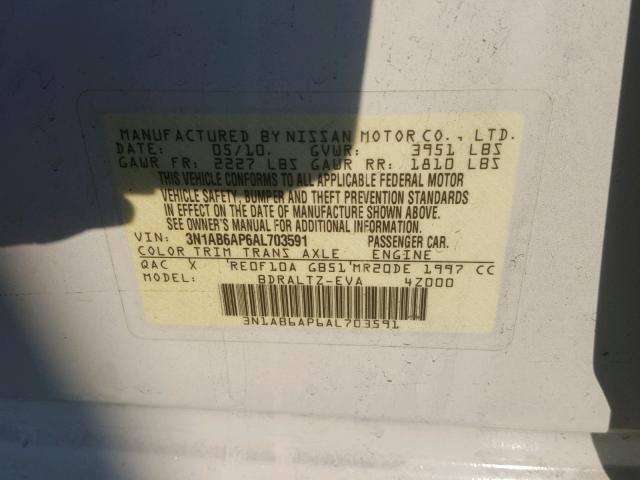 3N1AB6AP6AL703591 - 2010 NISSAN SENTRA 2.0 WHITE photo 10