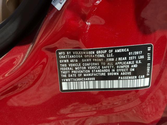 1VWBT7A36HC046988 - 2017 VOLKSWAGEN PASSAT SE RED photo 10