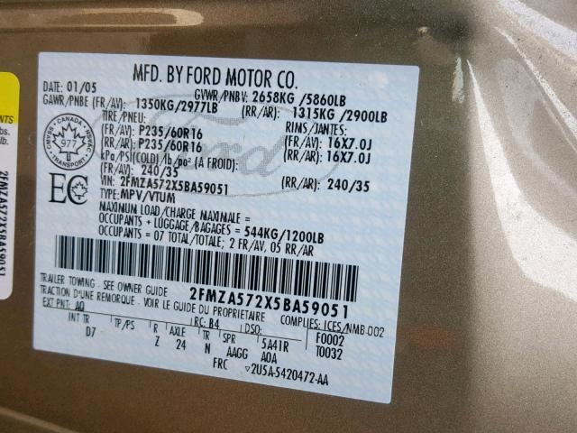 2FMZA572X5BA59051 - 2005 FORD FREESTAR S BROWN photo 10