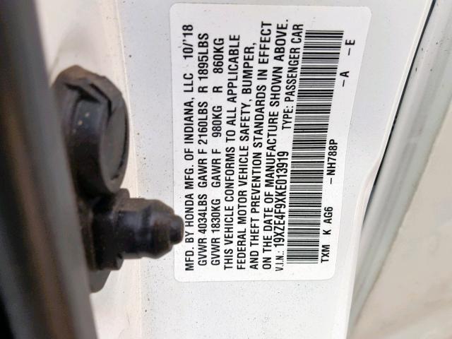 19XZE4F9XKE013919 - 2019 HONDA INSIGHT TO WHITE photo 10