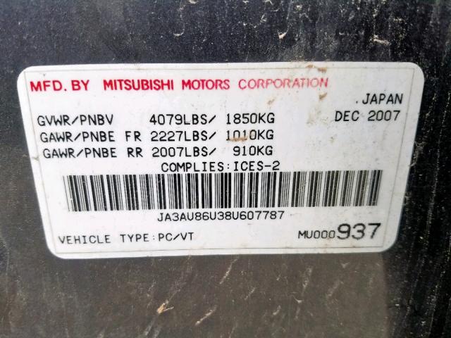 JA3AU86U38U607787 - 2008 MITSUBISHI LANCER GTS GRAY photo 10