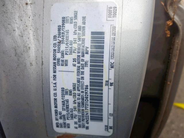 4N2ZN17T21D829786 - 2001 NISSAN QUEST GLE SILVER photo 10