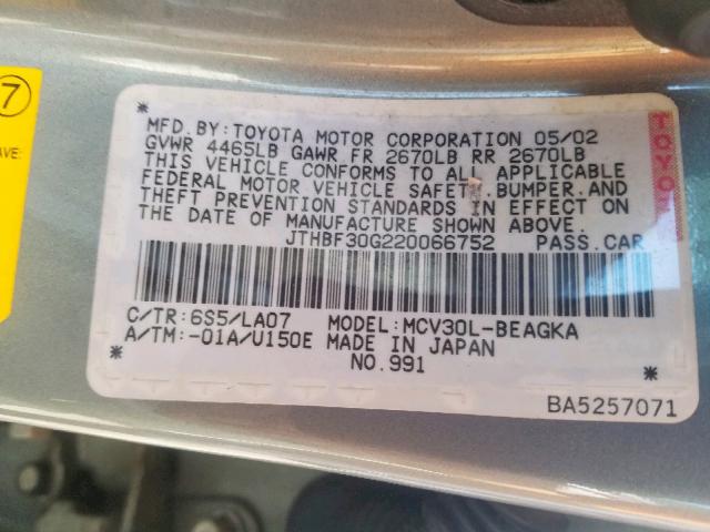 JTHBF30G220066752 - 2002 LEXUS ES 300 GRAY photo 10