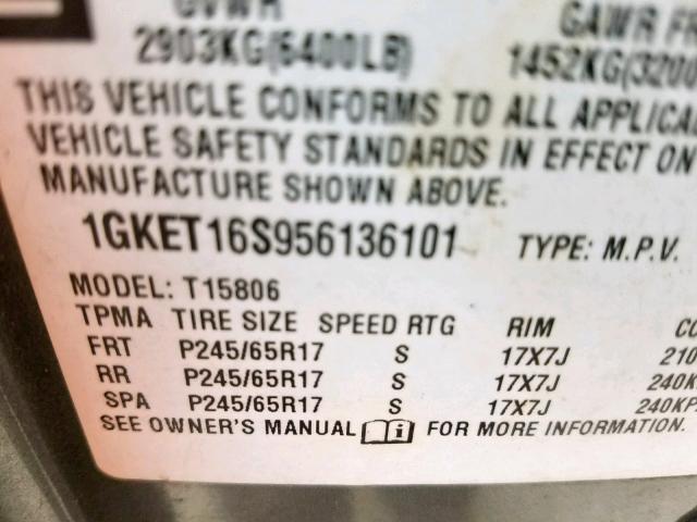 1GKET16S956136101 - 2005 GMC ENVOY XL GRAY photo 10