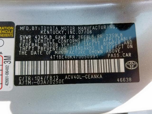 4T1BE46K47U050991 - 2007 TOYOTA CAMRY NEW SILVER photo 10