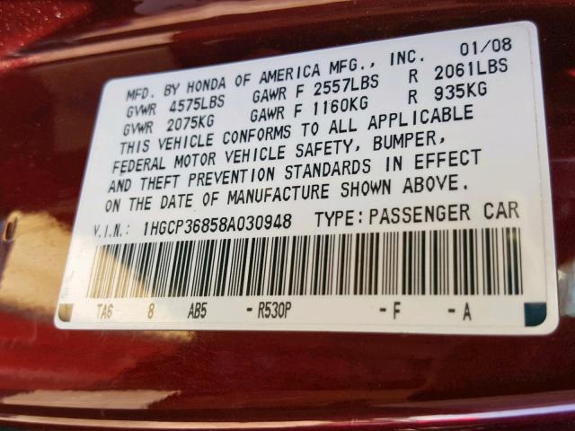 1HGCP36858A030948 - 2008 HONDA ACCORD EXL BURGUNDY photo 10