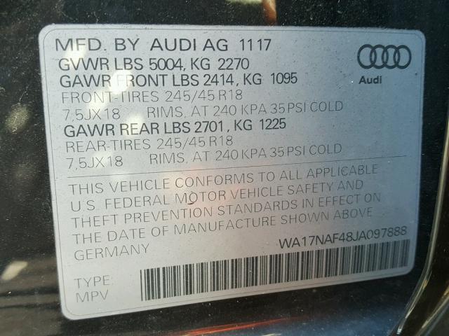 WA17NAF48JA097888 - 2018 AUDI A4 ALLROAD CHARCOAL photo 10