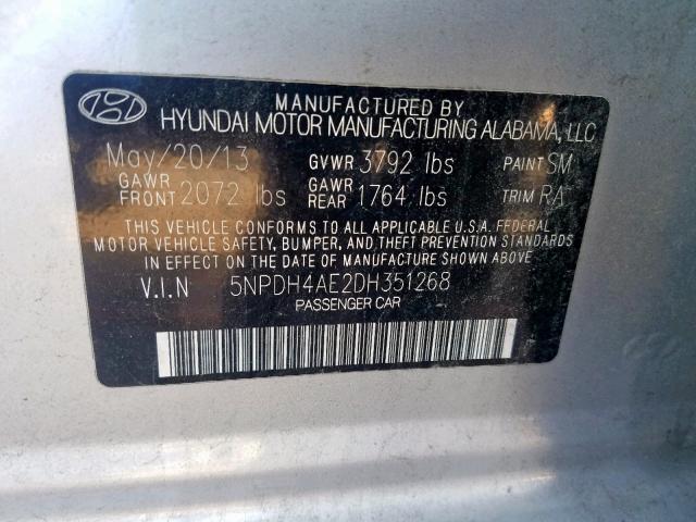 5NPDH4AE2DH351268 - 2013 HYUNDAI ELANTRA GL SILVER photo 10