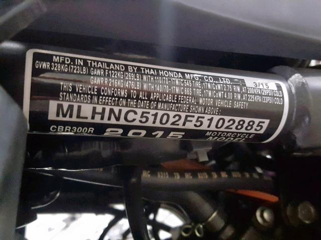 MLHNC5102F5102885 - 2015 HONDA CBR300 R BLACK photo 10