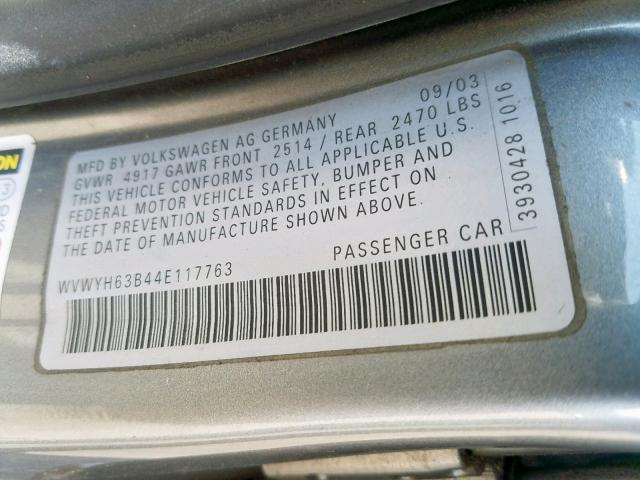 WVWYH63B44E117763 - 2004 VOLKSWAGEN PASSAT GLX 灰色 照片 10