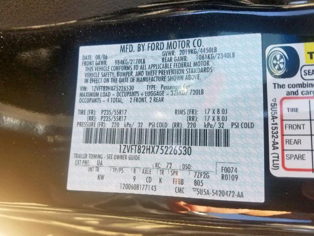 1ZVFT82HX75226530 - 2007 FORD MUSTANG GT BLACK photo 10