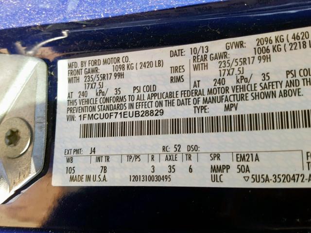 1FMCU0F71EUB28829 - 2014 FORD ESCAPE S BLUE photo 10