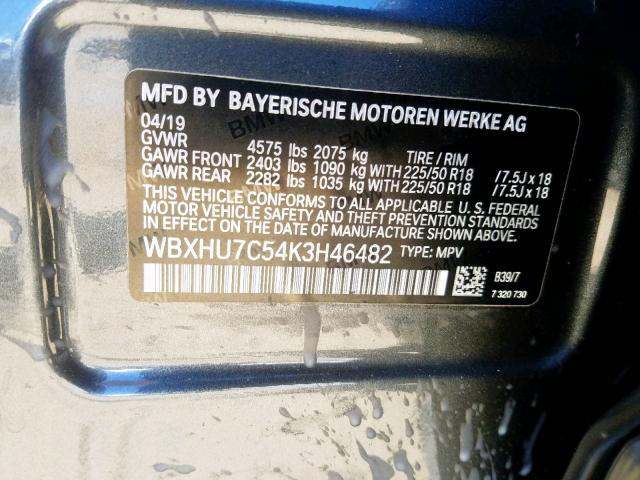 WBXHU7C54K3H46482 - 2019 BMW X1 SDRIVE2 GRAY photo 10