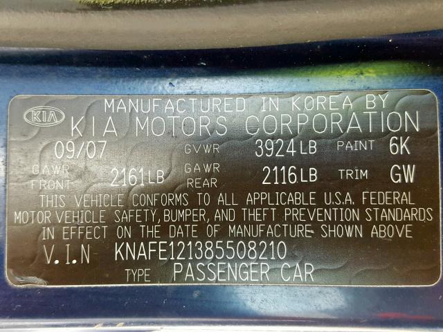 KNAFE121385508210 - 2008 KIA SPECTRA EX BLUE photo 10