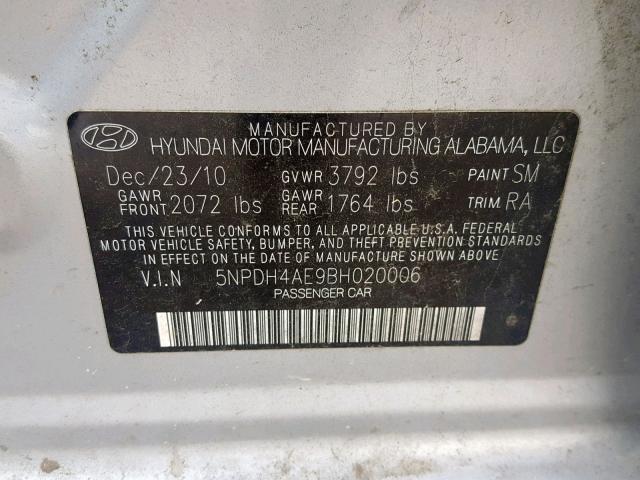 5NPDH4AE9BH020006 - 2011 HYUNDAI ELANTRA GL SILVER photo 10