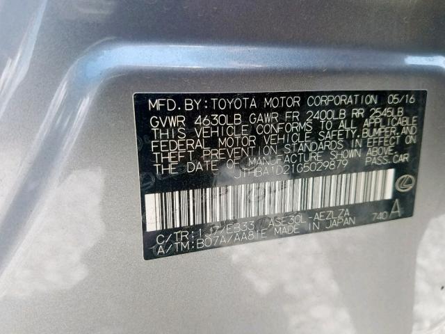 JTHBA1D21G5029879 - 2016 LEXUS IS 200T SILVER photo 10