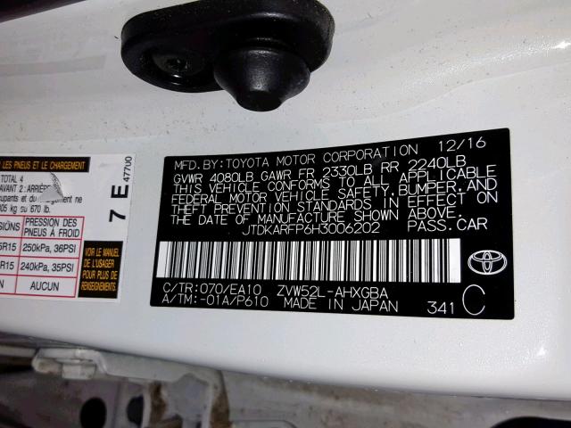 JTDKARFP6H3006202 - 2017 TOYOTA PRIUS PRIM 白色 照片 10