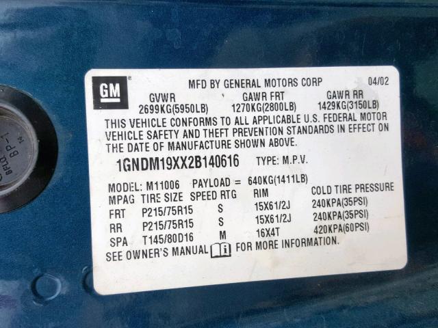 1GNDM19XX2B140616 - 2002 CHEVROLET ASTRO BLUE photo 10