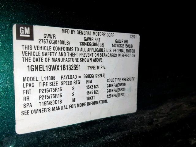 1GNEL19WX1B132691 - 2001 CHEVROLET ASTRO GREEN photo 10