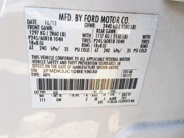 2FMDK3JC1DBE19030 - 2013 FORD EDGE SEL WHITE photo 10