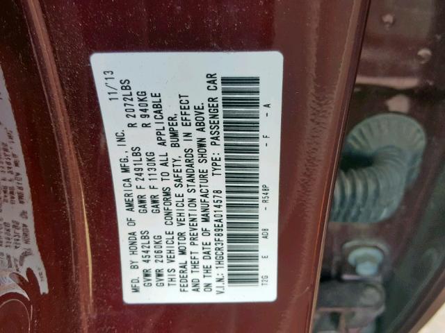 1HGCR3F89EA014578 - 2014 HONDA ACCORD EXL MAROON photo 10