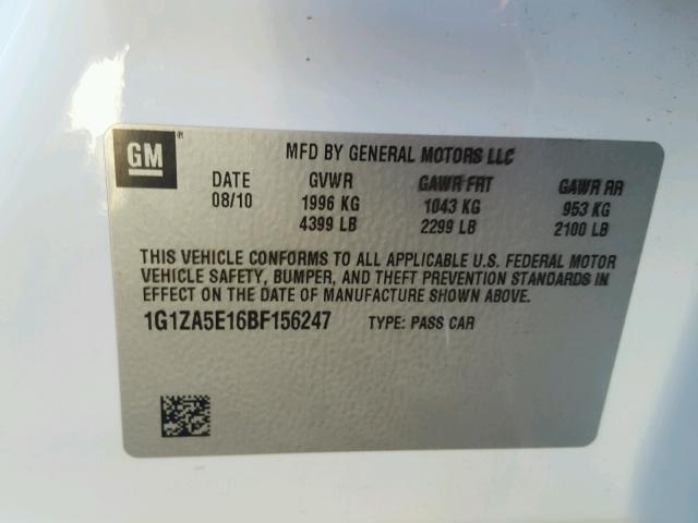 1G1ZA5E16BF156247 - 2011 CHEVROLET MALIBU LS თეთრი ფოტო 10