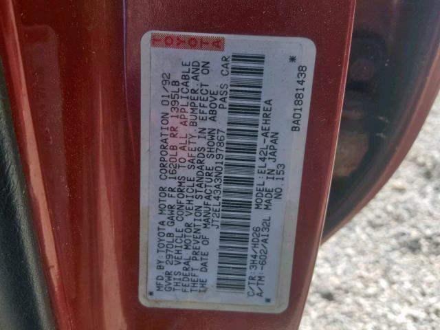 JT2EL43A3N0197867 - 1992 TOYOTA TERCEL DEL RED photo 10