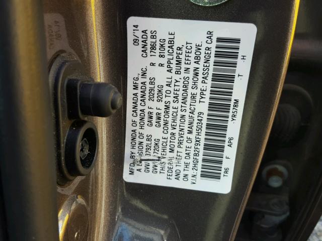 2HGFB2F9XFH503479 - 2015 HONDA CIVIC EXL GRAY photo 10