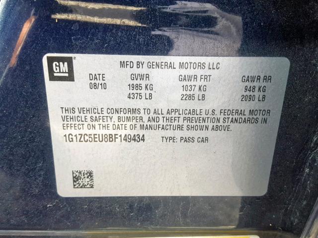 1G1ZC5EU8BF149434 - 2011 CHEVROLET MALIBU 1LT BLUE photo 10